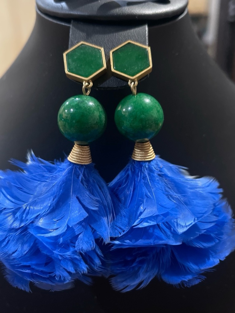 Tory Burch Statement Piece Green Stone & Royal Blue Feather Drop Earrings